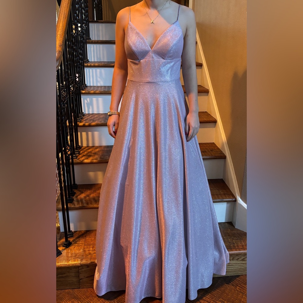 Betsy & Adam Shimmery Lavender Pink A-Line Prom Dress